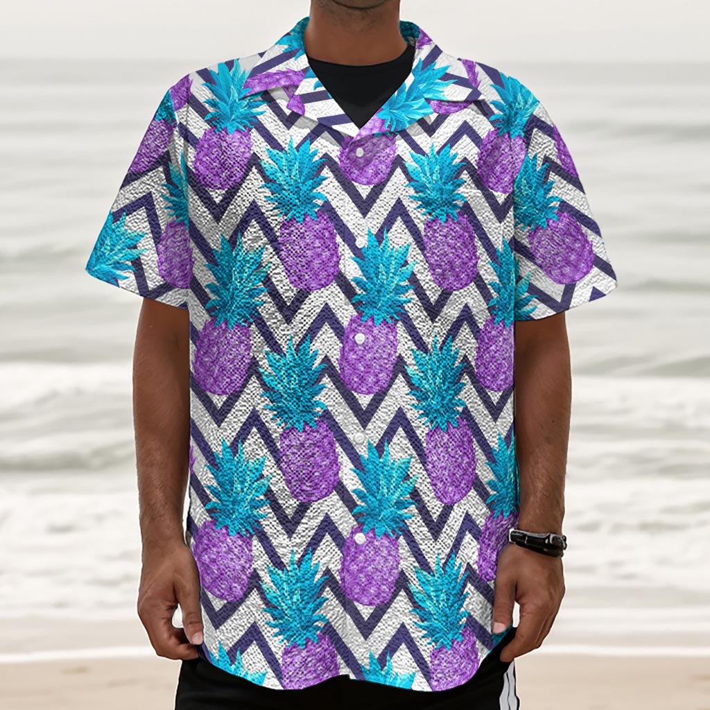 Purple Zig Zag Pineapple Pattern Print Textured Short Sleeve Shirt