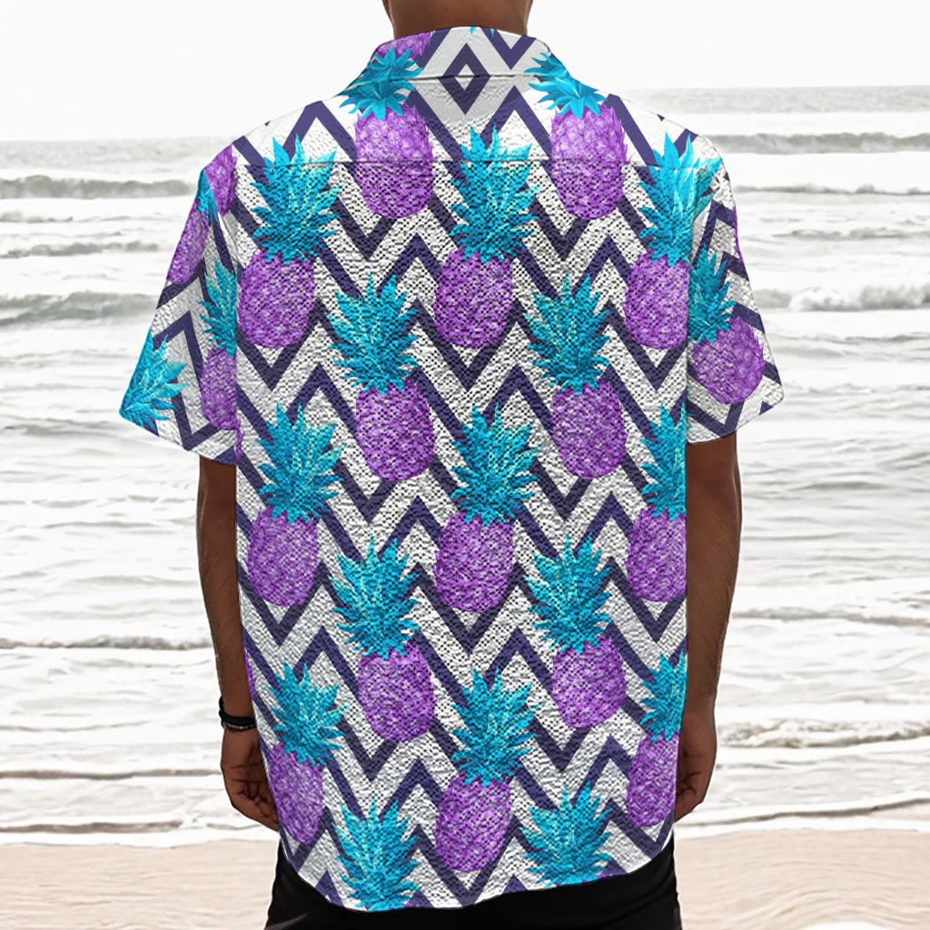 Purple Zig Zag Pineapple Pattern Print Textured Short Sleeve Shirt