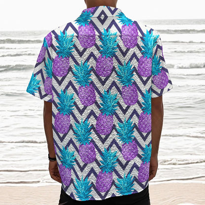 Purple Zig Zag Pineapple Pattern Print Textured Short Sleeve Shirt