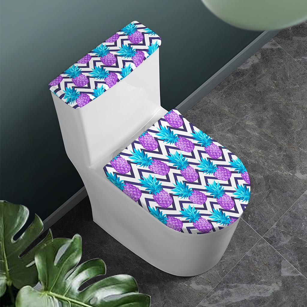 Purple Zig Zag Pineapple Pattern Print Toilet Lid And Tank Cover Set