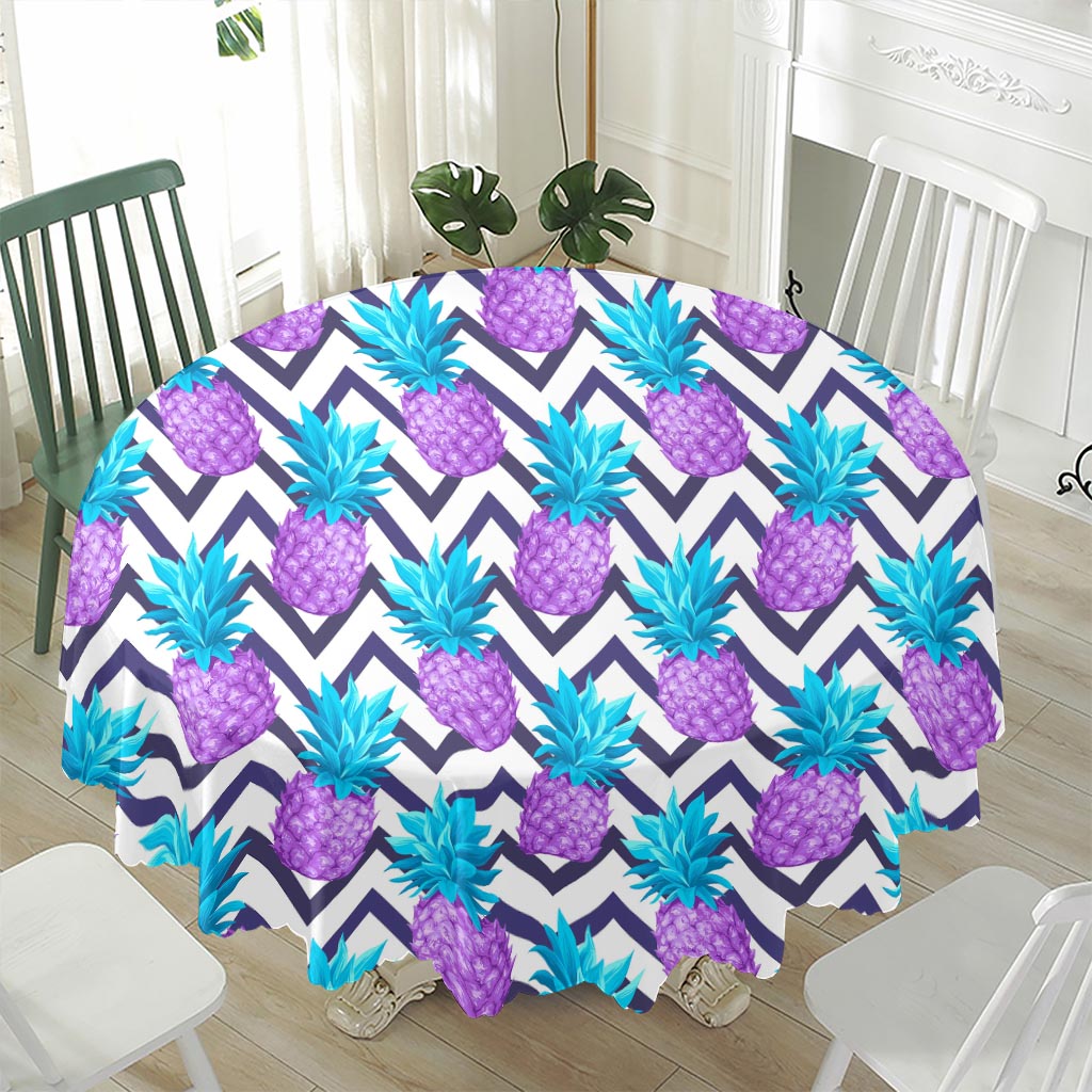 Purple Zig Zag Pineapple Pattern Print Waterproof Round Tablecloth