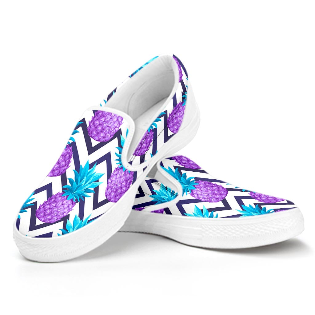 Purple Zig Zag Pineapple Pattern Print White Slip On Sneakers