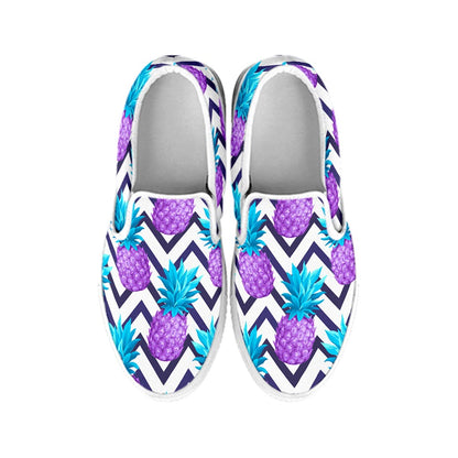 Purple Zig Zag Pineapple Pattern Print White Slip On Sneakers