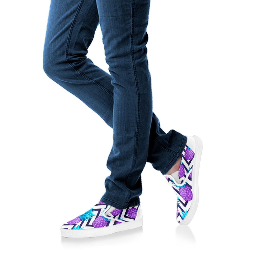 Purple Zig Zag Pineapple Pattern Print White Slip On Sneakers