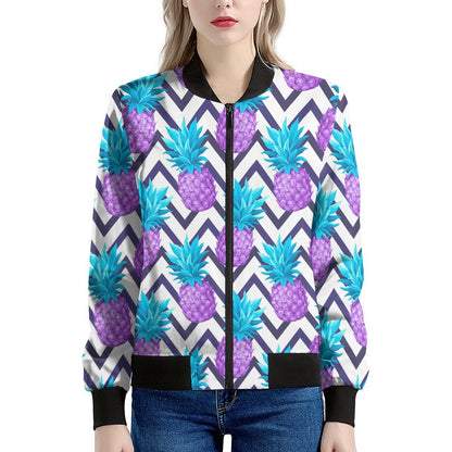 Purple Zig Zag Pineapple Pattern Print Women's Bomber Jacket