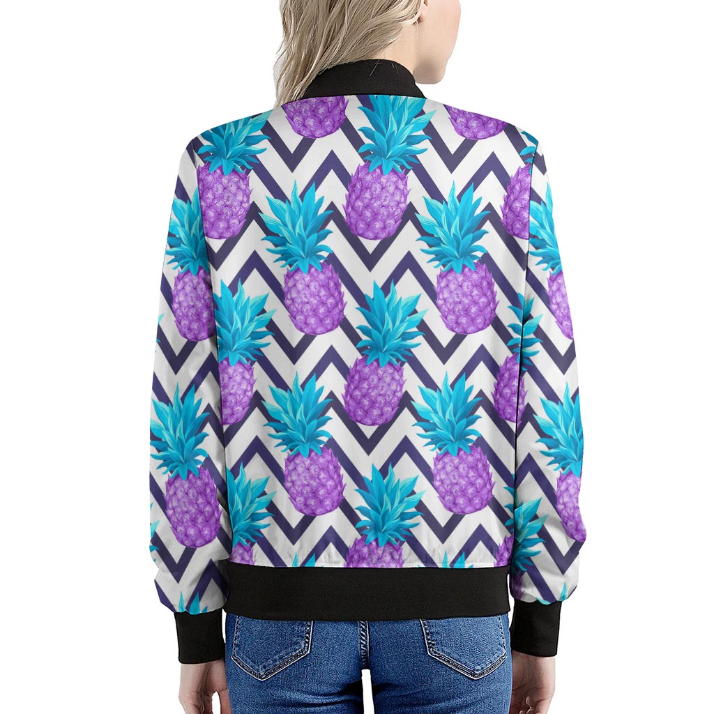 Purple Zig Zag Pineapple Pattern Print Women's Bomber Jacket