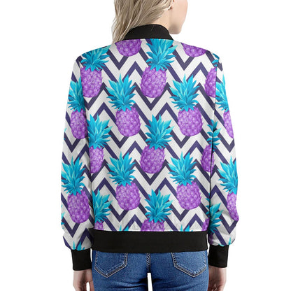 Purple Zig Zag Pineapple Pattern Print Women's Bomber Jacket