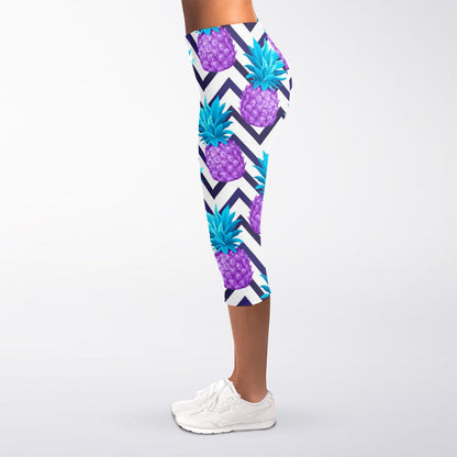 Purple Zig Zag Pineapple Pattern Print Women's Capri Leggings
