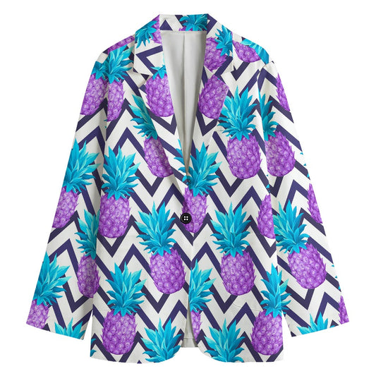 Purple Zig Zag Pineapple Pattern Print Women's Cotton Blazer