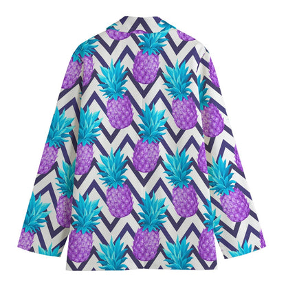 Purple Zig Zag Pineapple Pattern Print Women's Cotton Blazer
