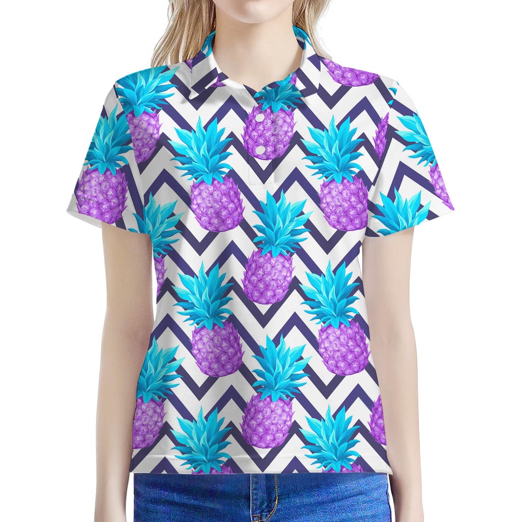 Purple Zig Zag Pineapple Pattern Print Women's Polo Shirt