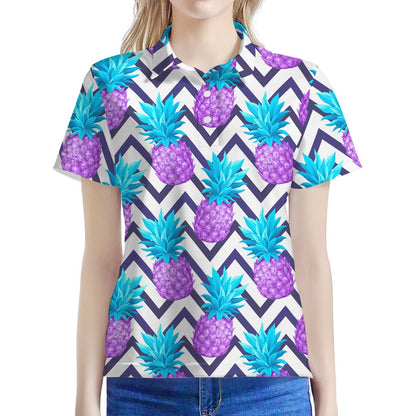 Purple Zig Zag Pineapple Pattern Print Women's Polo Shirt