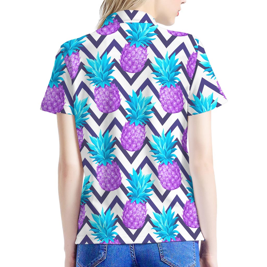 Purple Zig Zag Pineapple Pattern Print Women's Polo Shirt