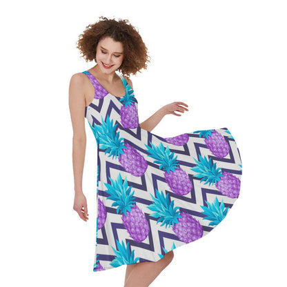 Purple Zig Zag Pineapple Pattern Print Women's Sleeveless Dress