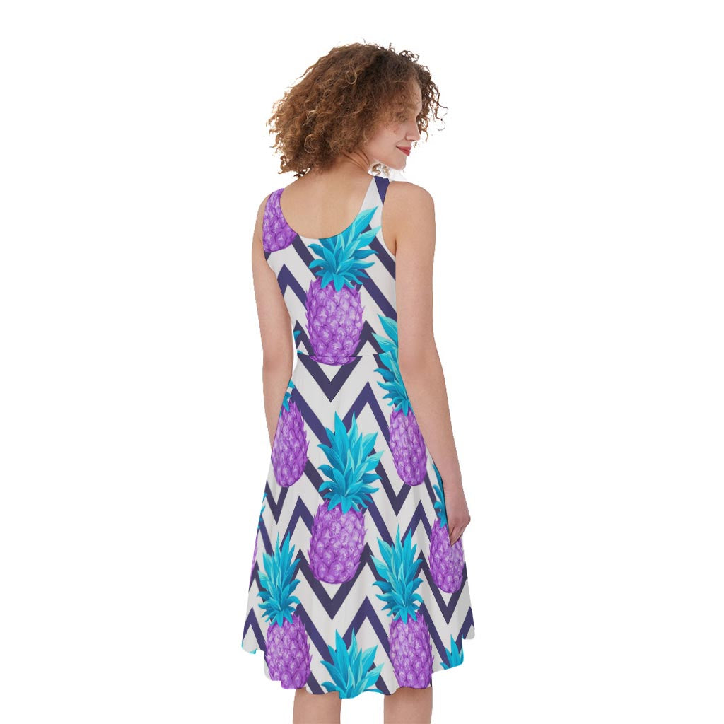 Purple Zig Zag Pineapple Pattern Print Women's Sleeveless Dress