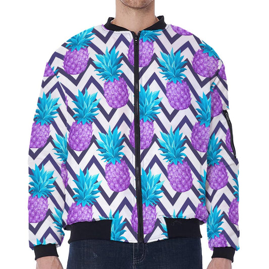 Purple Zig Zag Pineapple Pattern Print Zip Sleeve Bomber Jacket