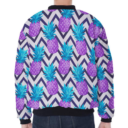 Purple Zig Zag Pineapple Pattern Print Zip Sleeve Bomber Jacket