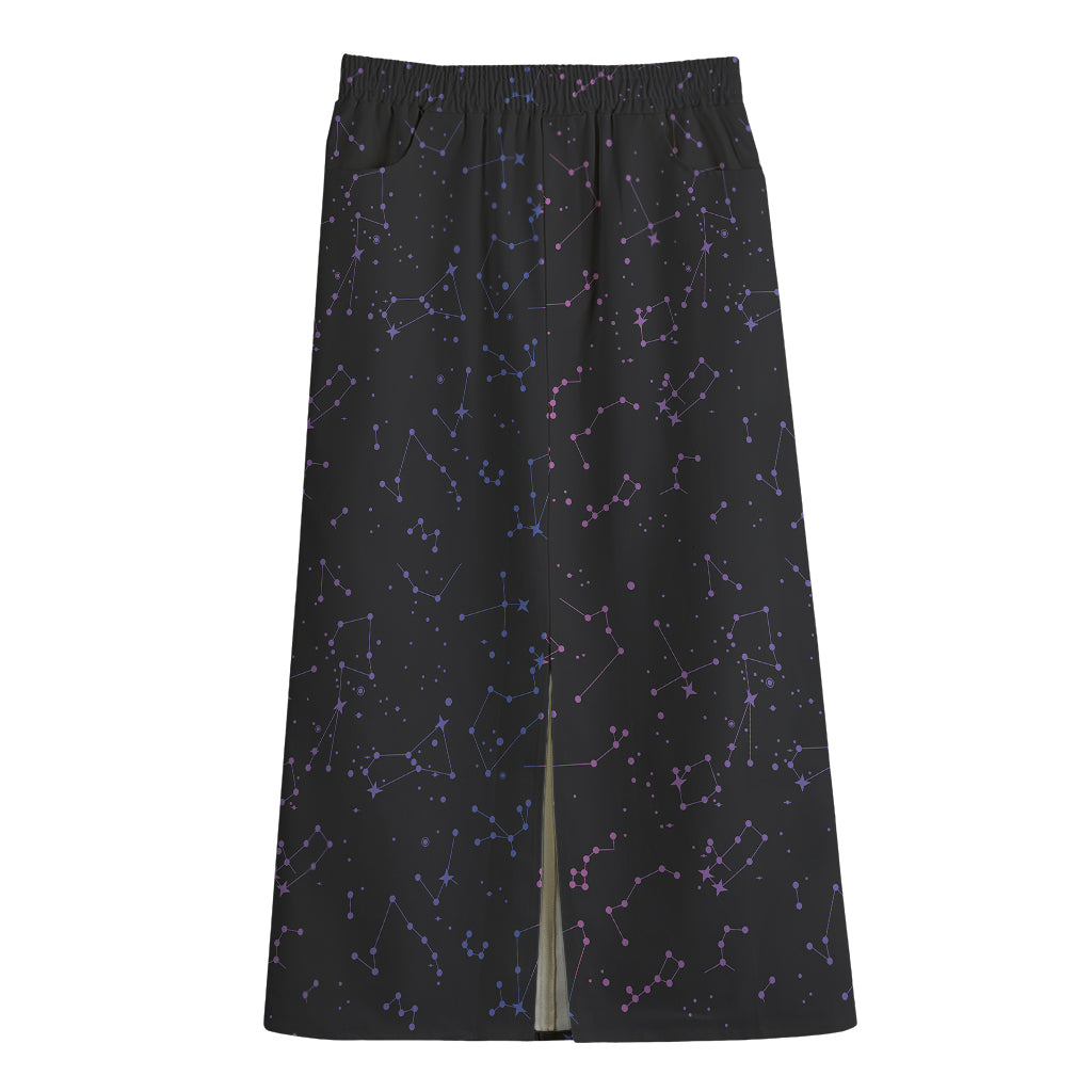Purple Zodiac Stars Pattern Print Cotton Front Slit Maxi Skirt