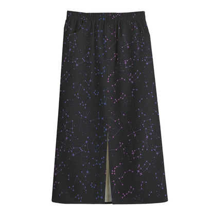 Purple Zodiac Stars Pattern Print Cotton Front Slit Maxi Skirt
