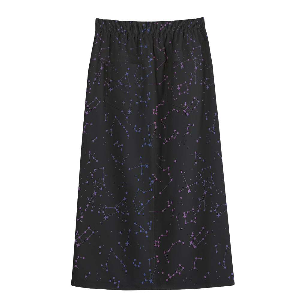 Purple Zodiac Stars Pattern Print Cotton Front Slit Maxi Skirt