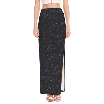 Purple Zodiac Stars Pattern Print High Slit Maxi Skirt