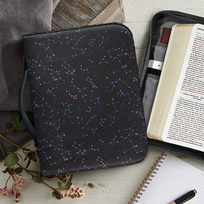 Purple Zodiac Stars Pattern Print Leather Bible Cover