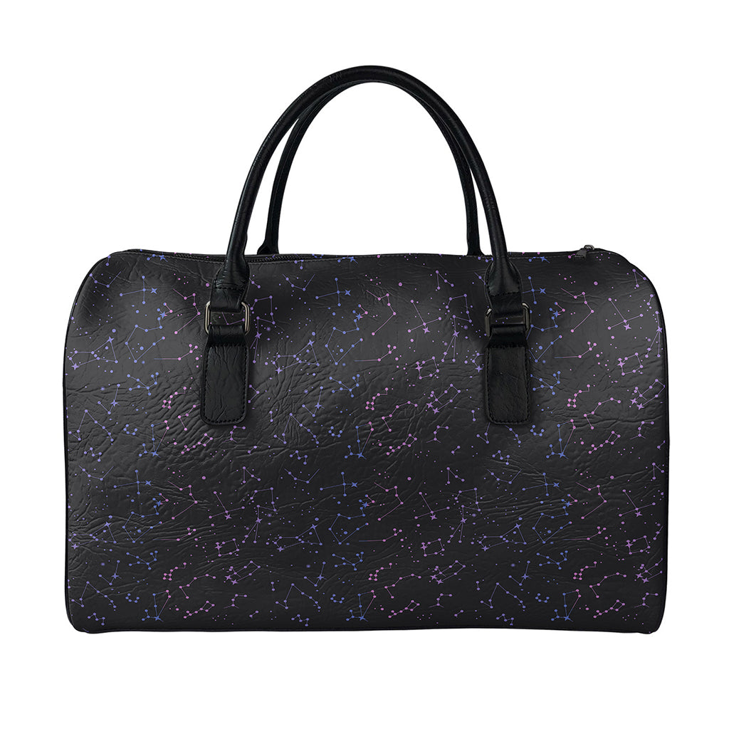 Purple Zodiac Stars Pattern Print Leather Duffle Bag