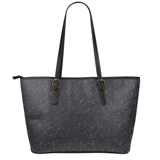 Purple Zodiac Stars Pattern Print Leather Tote Bag