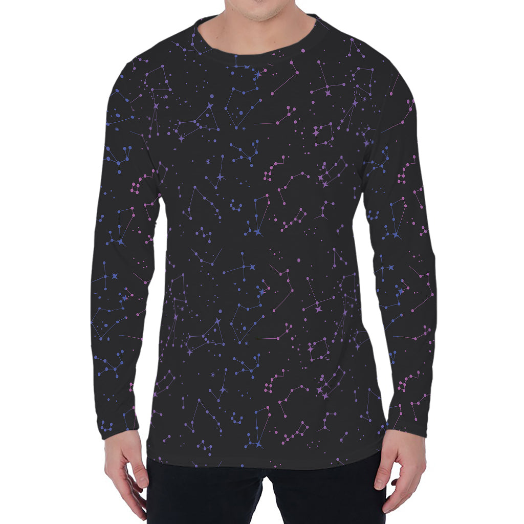 Purple Zodiac Stars Pattern Print Men's Long Sleeve T-Shirt