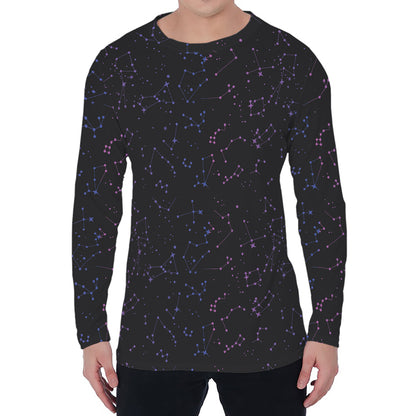 Purple Zodiac Stars Pattern Print Men's Long Sleeve T-Shirt