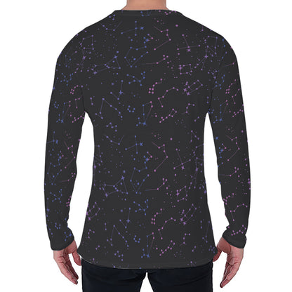 Purple Zodiac Stars Pattern Print Men's Long Sleeve T-Shirt