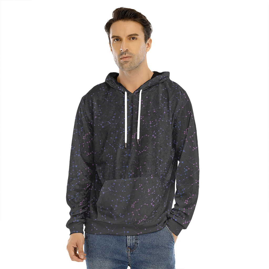 Purple Zodiac Stars Pattern Print Men's Velvet Pullover Hoodie