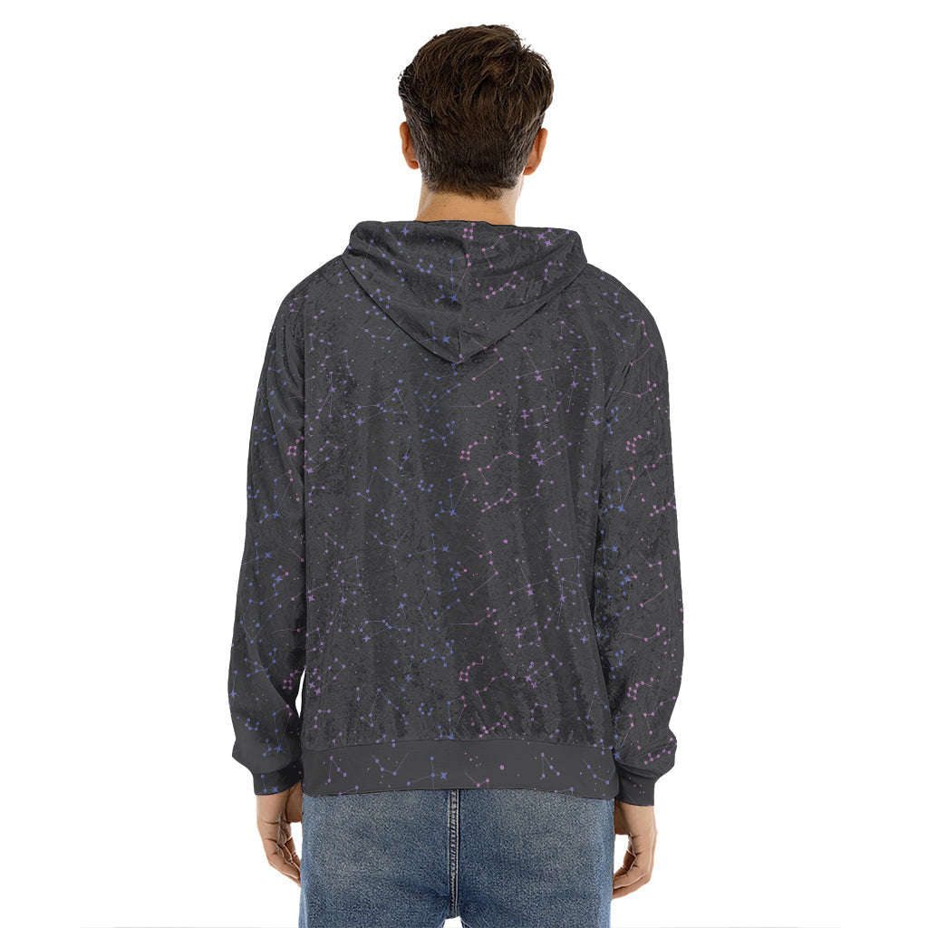 Purple Zodiac Stars Pattern Print Men's Velvet Pullover Hoodie