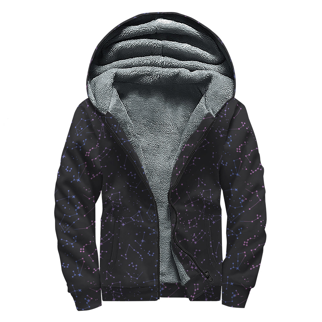 Purple Zodiac Stars Pattern Print Sherpa Lined Zip Up Hoodie