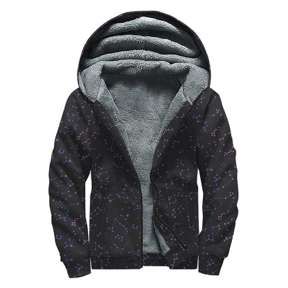 Purple Zodiac Stars Pattern Print Sherpa Lined Zip Up Hoodie