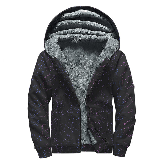 Purple Zodiac Stars Pattern Print Sherpa Lined Zip Up Hoodie