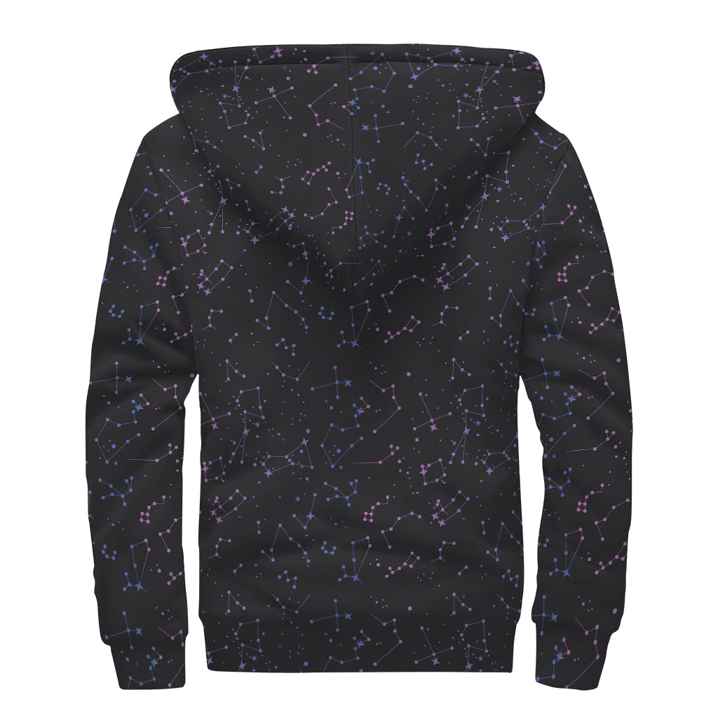 Purple Zodiac Stars Pattern Print Sherpa Lined Zip Up Hoodie
