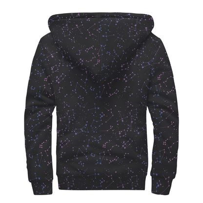 Purple Zodiac Stars Pattern Print Sherpa Lined Zip Up Hoodie
