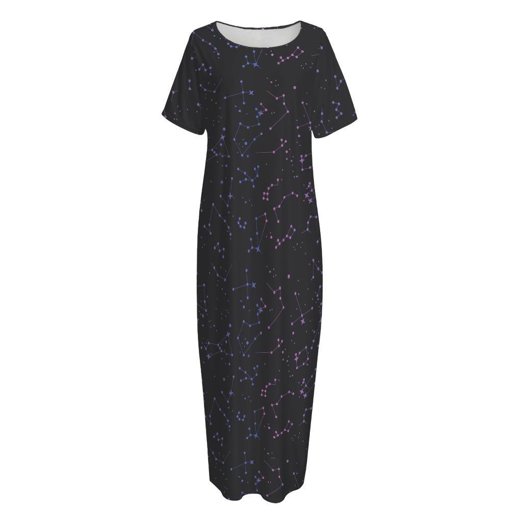 Purple Zodiac Stars Pattern Print Short Sleeve Long Nightdress