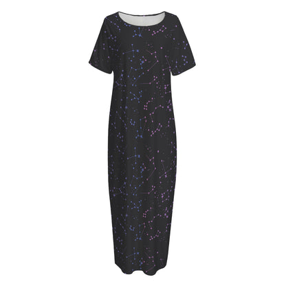 Purple Zodiac Stars Pattern Print Short Sleeve Long Nightdress