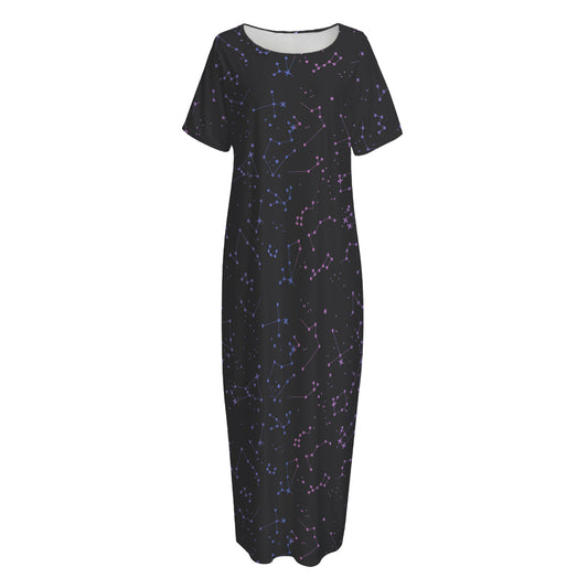 Purple Zodiac Stars Pattern Print Short Sleeve Long Nightdress