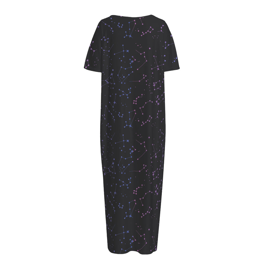 Purple Zodiac Stars Pattern Print Short Sleeve Long Nightdress