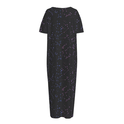 Purple Zodiac Stars Pattern Print Short Sleeve Long Nightdress