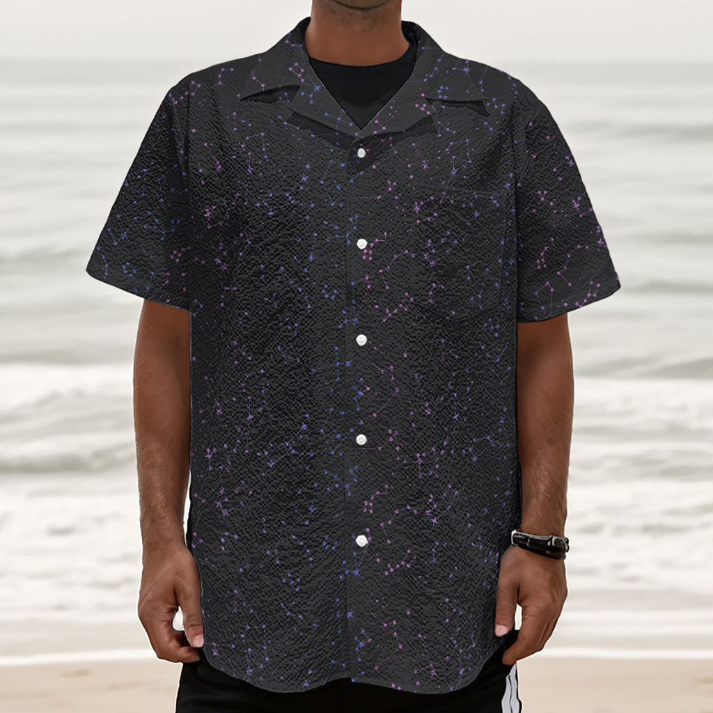 Purple Zodiac Stars Pattern Print Textured Short Sleeve Shirt