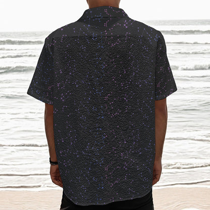 Purple Zodiac Stars Pattern Print Textured Short Sleeve Shirt