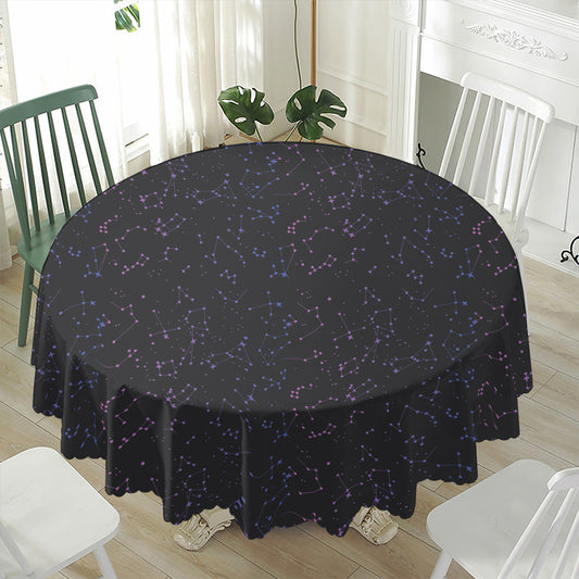 Purple Zodiac Stars Pattern Print Waterproof Round Tablecloth