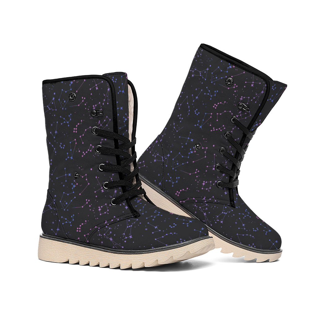 Purple Zodiac Stars Pattern Print Winter Boots
