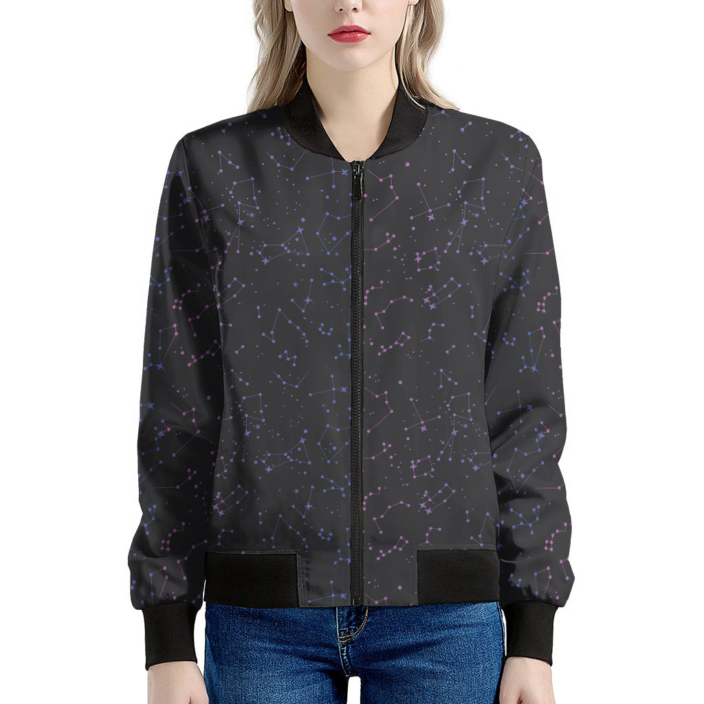 Purple Zodiac Stars Pattern Print Women's Bomber Jacket