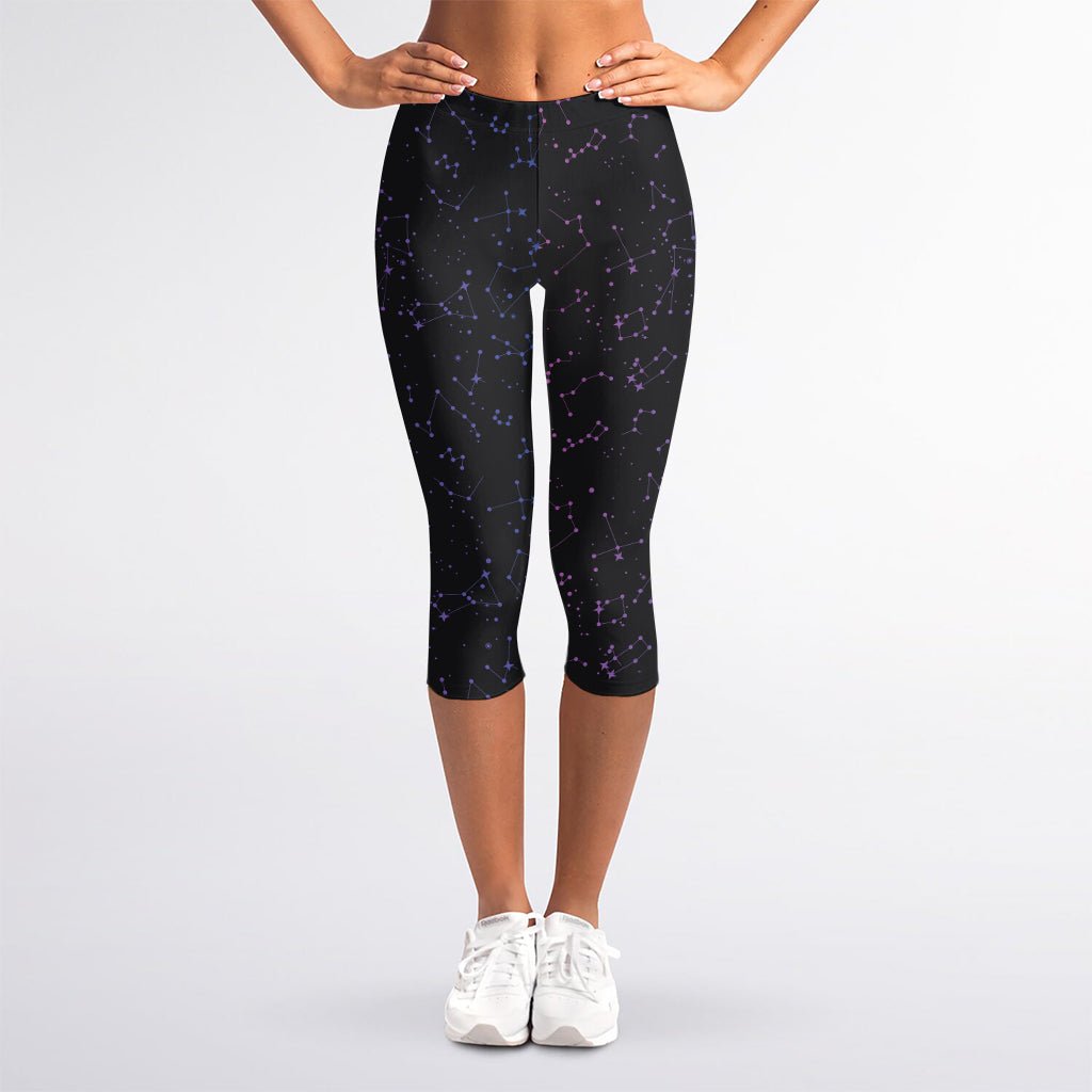Purple Zodiac Stars Pattern Print Women's Capri Leggings
