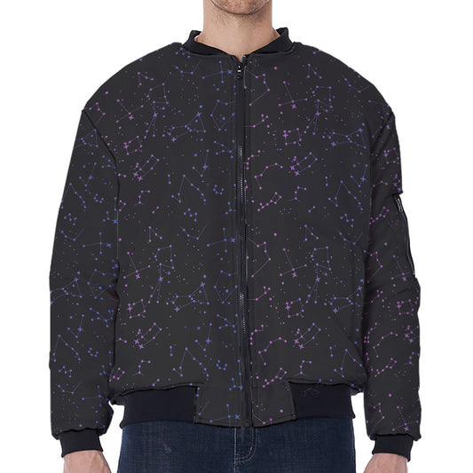 Purple Zodiac Stars Pattern Print Zip Sleeve Bomber Jacket